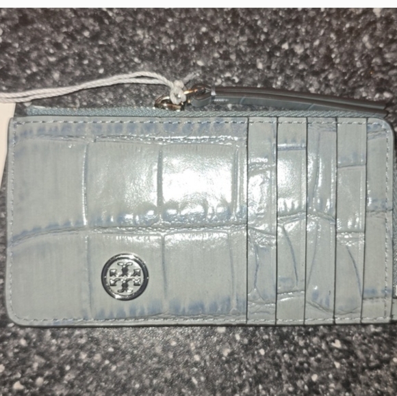 Tory Burch Handbags - TORY BURCH Robinson Croc-Embossed Top-Zip Card Case Holder blue celadon $158